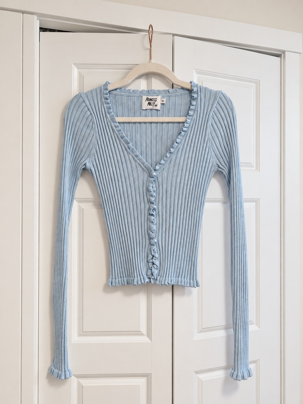 Princess Polly Baby Blue Ribbed Ruffle-Trim Button-Up Top